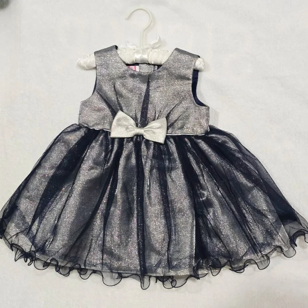 Rosenau Baby Dress Set 18M Silver Metallic Bodice Navy Mesh Skirt Bloomers EUC